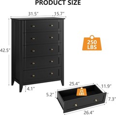 5 Drawer Dresser for Bedroom,Tall Dresser Chest of Drawers,Wood Bedroom Dressers