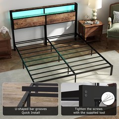 King Queen Full 4 Drawers Platform Bed Frame with LED Light, Charging Station