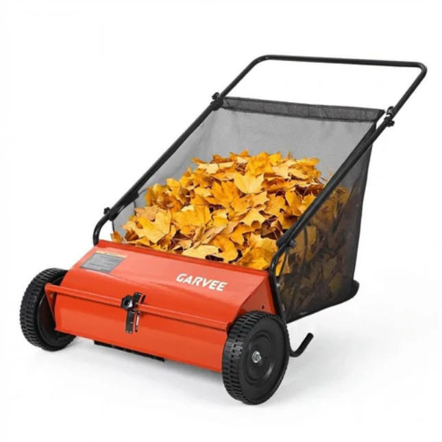 [NEW]Garvee 26-Inch Push Lawn Sweeper, Walk-Behind Leaf & Grass Collector-Orange