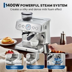 Garvee Stainless Steel Espresso Machine with Grinder & 20 Bar Pressure, 2.8L