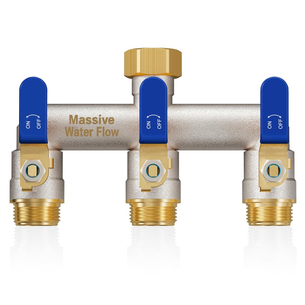 3 Way Hose Splitter Heavy Duty Long Handle Full Flow Brass Nickel 3/4 Inch Blue