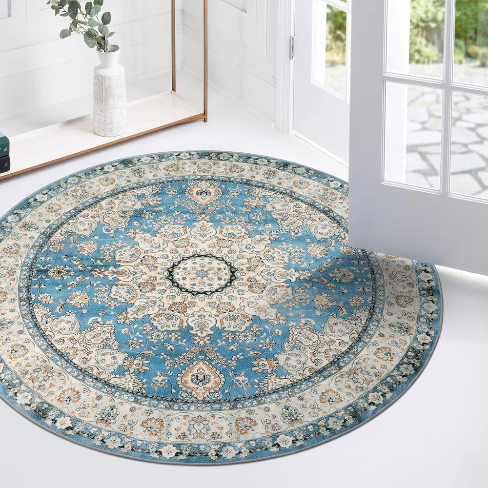 Oriental Floral Medallion round Rug – 3Ft Blue Small round Area Rug, Soft Non-Sl