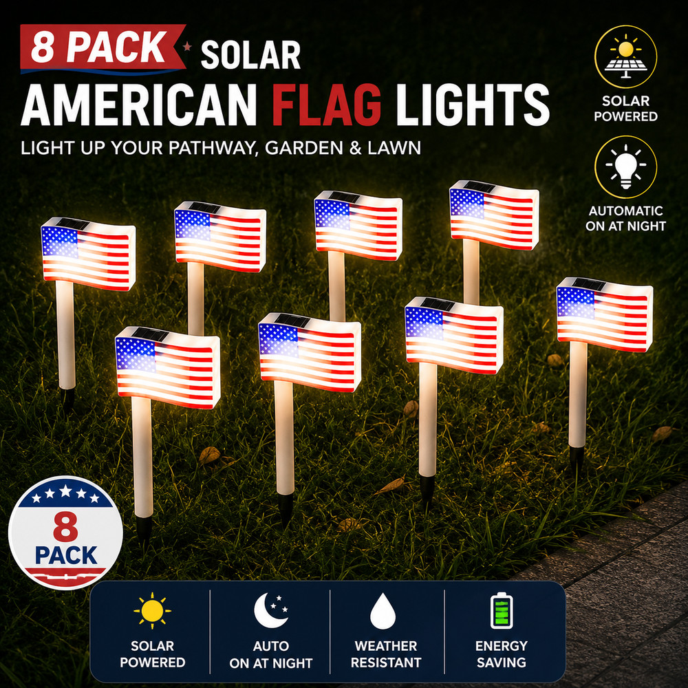 8-PCS American Flag Solar Powered Light | LED Flagpole Lights W/Flag 4th Of July