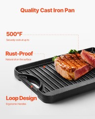 14×8.5 inch Reversible Grill Griddle Pre-Seasoned BBQ Pan Cast Iron Black