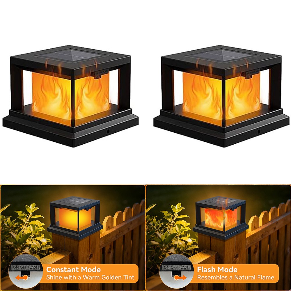 Solar Post Cap Lights Outdoor Flickering Flame Fence Lamp 4×4 Vinyl Wooden Posts