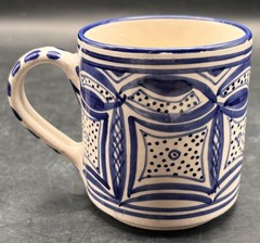 Le Souk Ceramique Tunisia Blue White Hand Painted Geometric Design Coffee Mugs