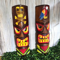 Set of 2 Tiki Wall Masks Hand Carved Wood 19.75 in Parrot Skull Decor