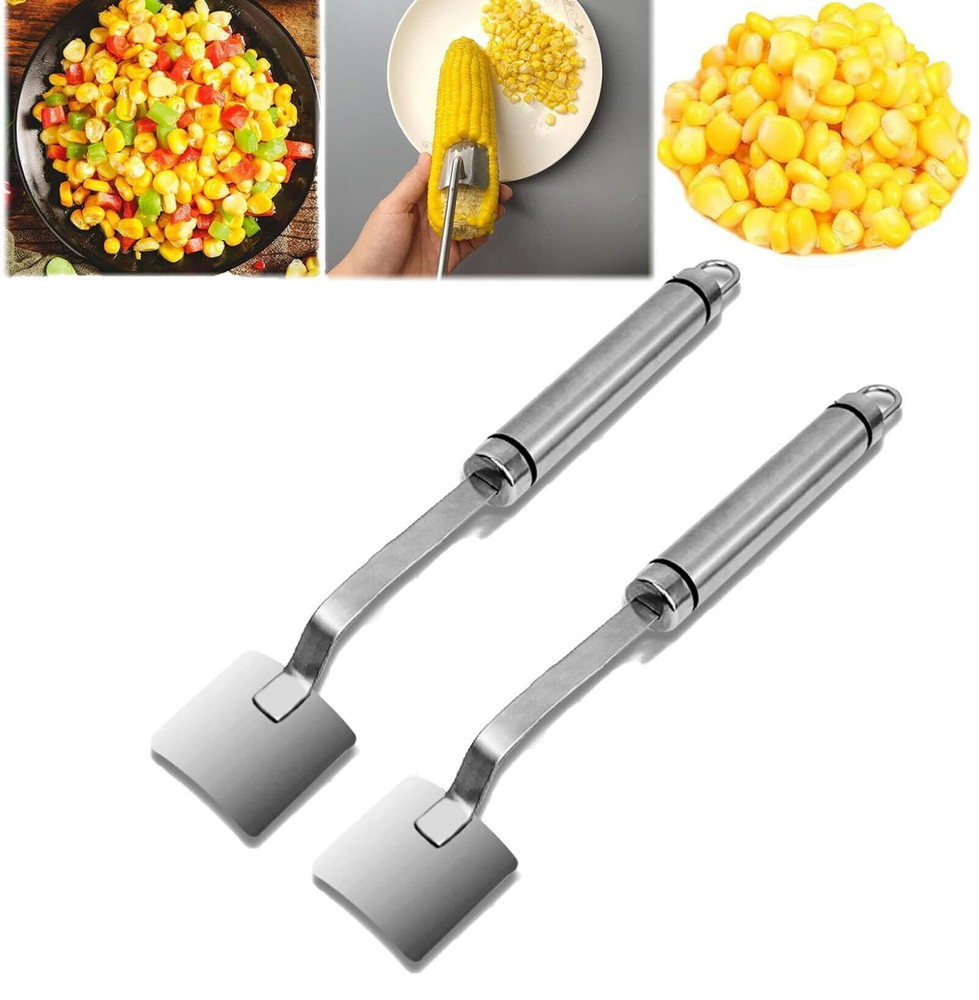 2PC Corn Peeler Stainless Steel Corn Cob Stripping Tool w/ Hook Long Handle Corn
