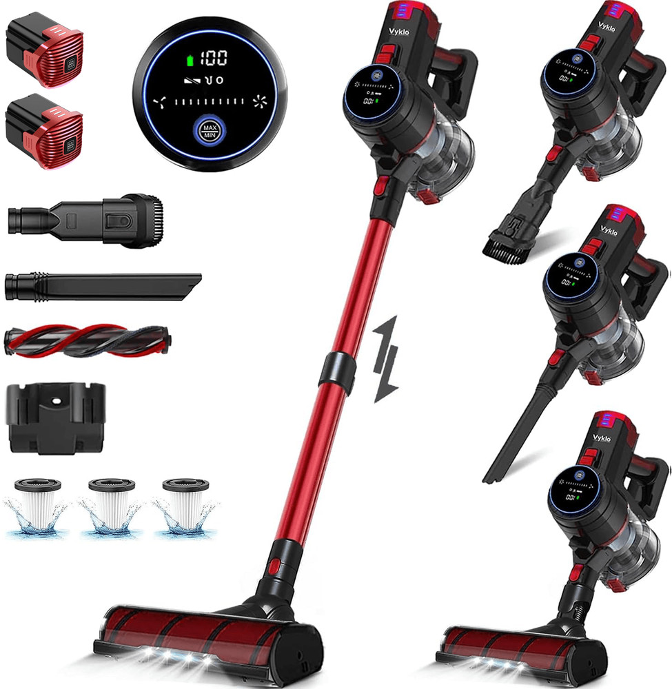 VYKLO 55Min Cordless Handheld Stick Vacuum Cleaner Floor Carpet Xtra Battery Red
