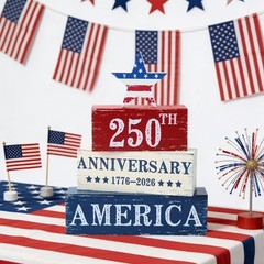 4 Pcs 250 Years American Anniversary Wooden Tabletop Decorations Red White Bl…