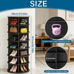 Rotating Shoe Rack Tower 7 Tier Organizer, Revolving 360 Black Shoe Rack Storage
