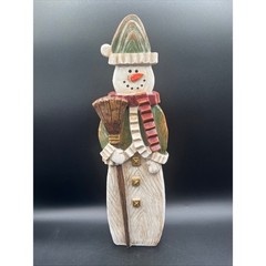 Rustic Folk Art Resin Snowman Figurine Broom Green Red 16″ Decor Christmas