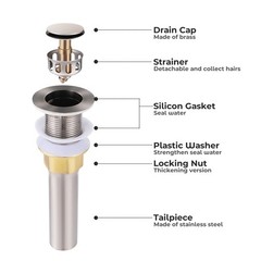 New Bathroom Pop Up Drain Vessel Basin Sink Stopper Brushed Nickel No Overflow