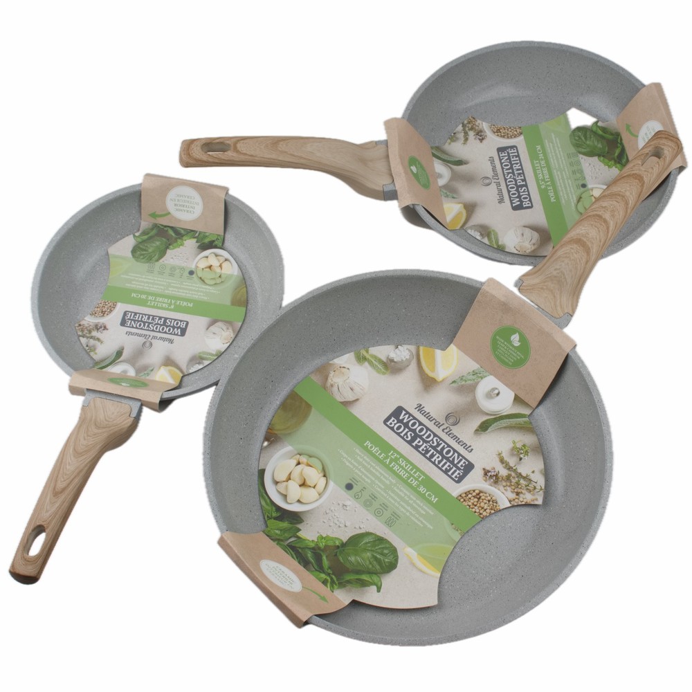 Natural Elements Woodstone 8″ 9.5″ 12″ Skillets Non Stick Frying Pans Gray