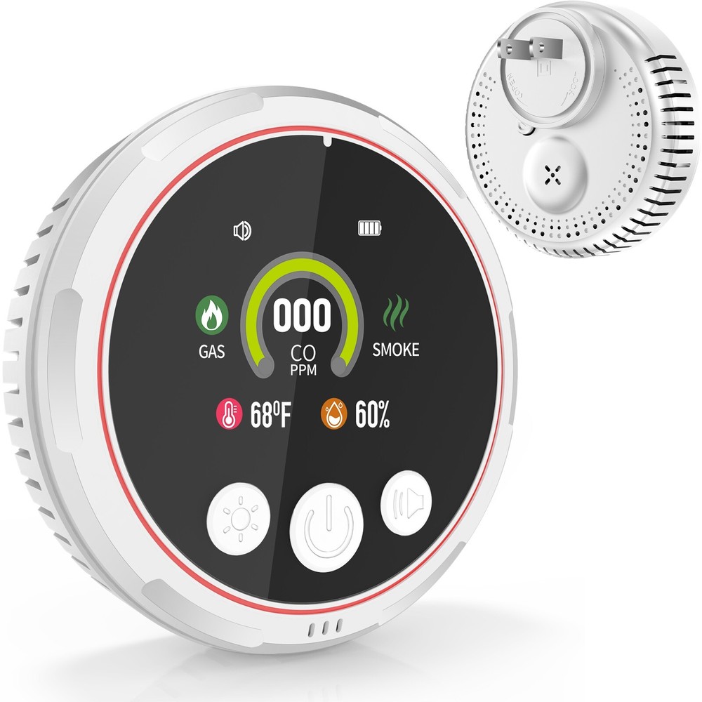 5-in-1 CO, Smoke & Gas Detector with Temp & Humidity Display – Plug-in & Backup