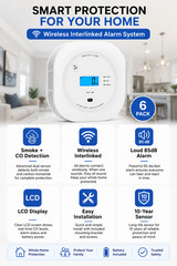 Wireless Interlinked Smoke & Carbon Monoxide Alarm 6 Pack LCD Display SC-RF200