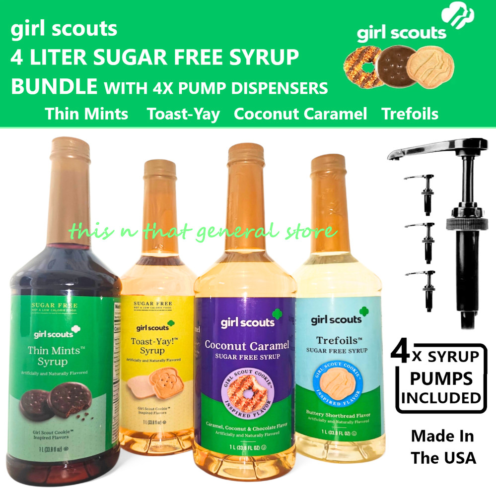 4x GIRL SCOUTS SUGAR FREE SYRUPS + 4X PUMPS THIN MINTS SAMOA TOAST YAY TREFOILS