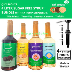 4x GIRL SCOUTS SUGAR FREE SYRUPS + 4X PUMPS THIN MINTS SAMOA TOAST YAY TREFOILS