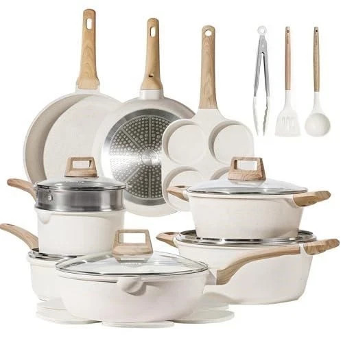 CAROTE 21 Pcs Pots and Pans Set, Nonstick Cookware Sets, White Granite Induction