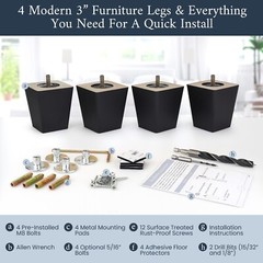 Black Square Furniture Legs Set of 4, 3 4 5 6 8 10 12 in Wood Feet Replacement