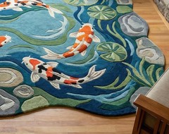 Hand Tufted Koi Fish Pond Rug – Round Artistic Area Rug – Japanese Style Water