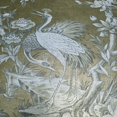 Gold foil metallic gray Chinoiserie blooming peonies branches cranes wallpaper