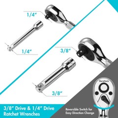DURATECH 4PCS 1/4″ 3/8″ Drive Stubby Ratchet Set with 2 Extension Bar 72-Tooth
