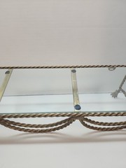 VINTAGE 18.5” HOLLYWOOD REGENCY BRASS WIRE ROPE GOLD METAL SHELF WITH GLASS