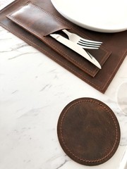 Leather Placemat Set | Rustic Handmade Table Mat | Coasters & Cutlery Holder