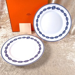 Hermes Paris Dessert Plate Chaine d’Ancre Porcelain Tableware Set of 2 with Box
