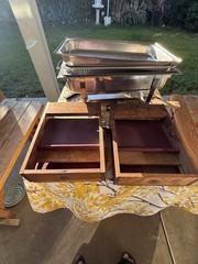Full Size Rectangular Chafing Dish 6 Qt Wood Base Matte Silver/Brown Handles