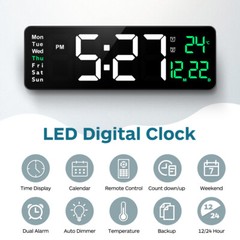 Large LED Digital Wall Clock Temperature Date Day Display USB Remote Control