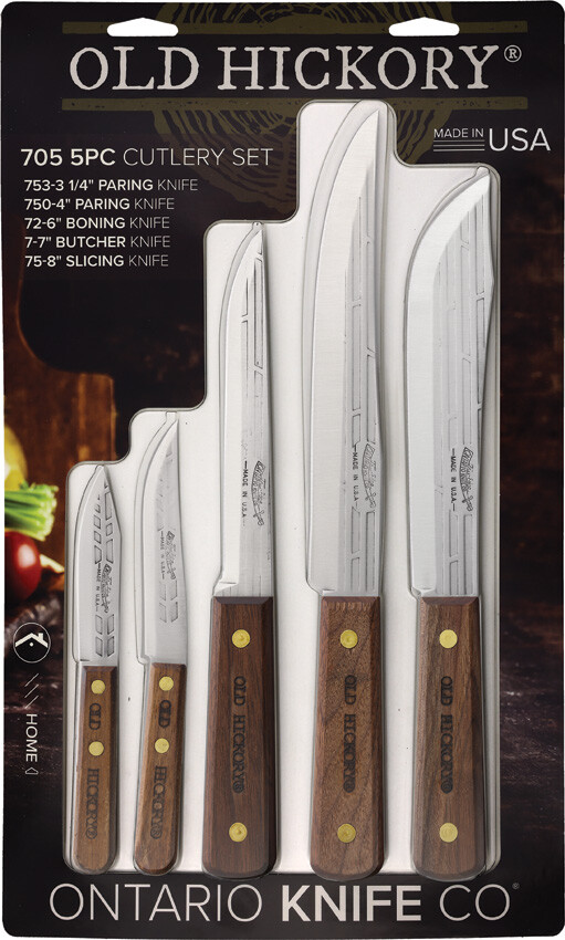 Old Hickory Kitchen Set Tan Wood Carbon Steel Fixed Blade Knives 705