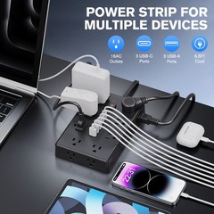 Power Strip Surge Protector with 16 Outlets 3 USB A and 3 USB C Ports Flat Plug