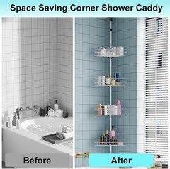 4-Tier Shower Caddy Organizer Tension Pole, Rustproof Corner Shelf for Bathroom