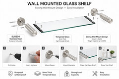 16″ Bathroom Glass Shelf Wall Mounted Floating Shower Organizer Rack