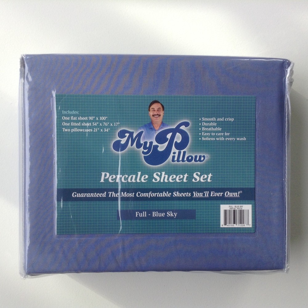 MYPILLOW PERCALE FULL SIZE BED SHEETS – 4 PC in BLUE SKY – NEW