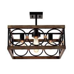 4-Light Square Kitchen Island Light Farmhouse Wood Black Metal Ceiling Fixture