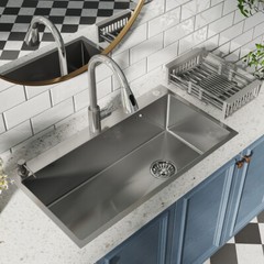 Silver Stainless Steel Kitchen Sink Drop In Top Mount Single Bowl Basin W/Faucet
