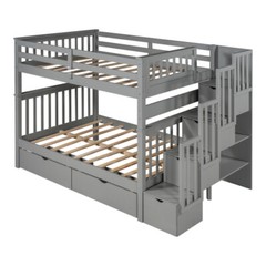 Full Over Full Bunk Bed w/ 6 Storage Drawers & Stairs For Kids Teens Adults Gray