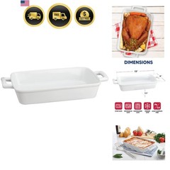 Rectangular Lasagna Pan with Handles, Fine White Porcelain, 13 x 9 x 2.5-Inches