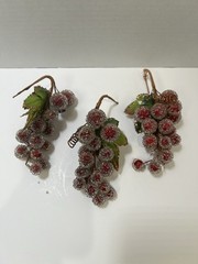 Vintage Sugared Beaded Red Faux Grapes 3 Bundles 7” MCM Glitter Green Leaves