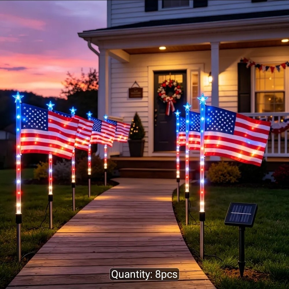 Lighted Holiday Displays 8-Pack Solar American Flag Lights Outdoor, 4Th of July