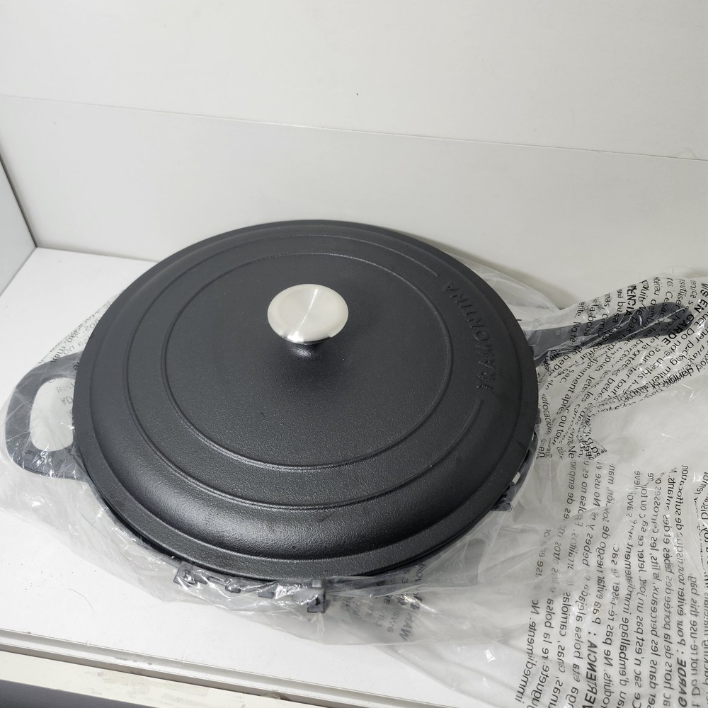 Tramontina 12.5″ Covered Cast Iron Skillet Pan w/SS Knob Lid *New w/o Orig Box