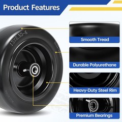 2 Pcs 13×6.50-6 Flat Free Lawn Mower Tire and Wheel, with 3/4″ Bearings & Extra