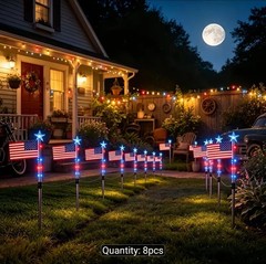 Lighted Holiday Displays 8-Pack Solar American Flag Lights Outdoor, 4Th of July