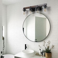 27″ Rustic 4-Light Vanity Light with Glass Shades and Wood Accent