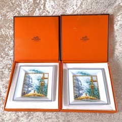 Hermes Mini Change Tray Porcelain Ashtray Patchwork 8x8cm Set of 2 with Case