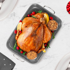 Roasting Pan Nonstick 11X15 – Heavy Duty Metal Bakeware Dish with Rack – Large O