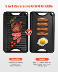 14×8.5 inch Reversible Grill Griddle Pre-Seasoned BBQ Pan Cast Iron Black